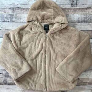 Forever 21 Faux Shearling Tan Teddy Furry Full Zip Hooded Coat | Size L